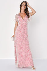 Dreamiest Desires Pink Floral Flutter Sleeve Maxi Dress