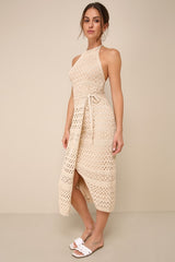 Blissful Strolls Beige Crochet Faux-Wrap Halter Midi Dress