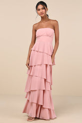 Gorgeous Essence Blush Strapless Tiered Maxi Dress