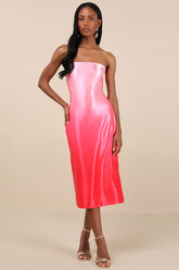 Indescribable Poise Pink Ombre Satin Strapless Midi Dress