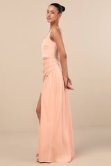 Red Carpet Romance Peach Satin Square Neck Maxi Dress