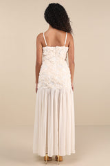 Kalene Cream 3D Rosette Sheer Hem Maxi Dress