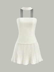 Halter Neck Strapless Pleated Mini Dress