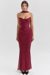 Cassidy Cabernet Fluted Hem Mesh Maxi Skirt