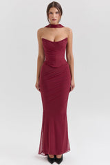 Cassidy Cabernet Fluted Hem Mesh Maxi Skirt