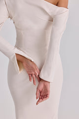 Arista Vintage Ivory Draped Crepe One Shoulder Midi Dress