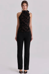 Natalya Black Lace High Neck Top With Detachable Bow