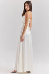 Anabella Ivory Satin Lace Up Maxi Dress
