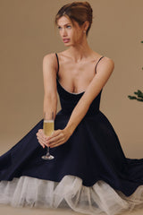 Mademoiselle Navy Satin Tulle Midi Dress