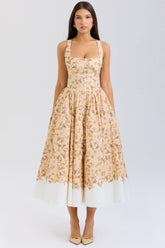 Alba Honeyflower Print Gathered Cotton Midi Dress