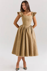 Alessandra Gold Jacquard Midi Dress with Detachable Bow