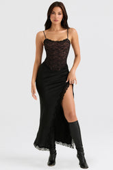 Ruby Black Satin Lace Trim Midi Skirt
