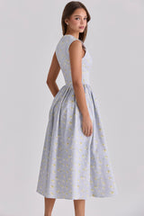Emmy Blue Wildflower Print Cotton Midi Sundress