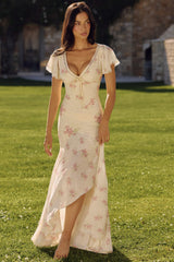 Amina Ivory Vintage Rose Print Georgette Maxi Tea Dress