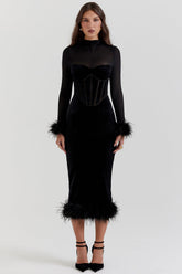 Lianna Black Velvet Midi Dress