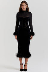 Lianna Black Velvet Midi Dress