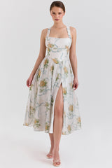 Minerva Soft Blue Vintage Ribbon Print Chiffon Midi Dress