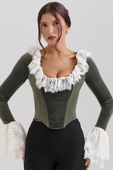 Jacinda Forest Green Velvet Lace Trimmed Corset Top