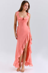 Aloura Coral Georgette Ruffle Maxi Dress