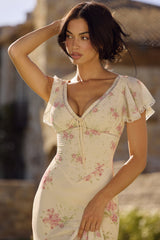 Amina Ivory Vintage Rose Print Georgette Maxi Tea Dress