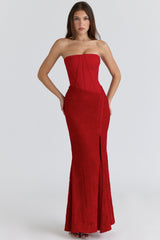 Valerie Red Satin Lace Strapless Maxi Dress