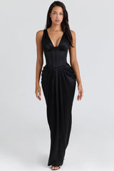 Angeline Black Satin Hourglass Maxi Dress - Limited Edition
