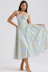 Adabella Soft Blue Vintage Floral Print Cotton Halter Sundress