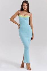 Aiza Ocean Blue Contrast Lace Maxi Dress
