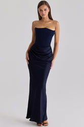 Persephone Navy Satin + Crepe Strapless Corset Maxi Dress