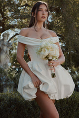 Leonora Ivory Satin Off Shoulder Mini Bridal Gown