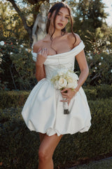 Leonora Ivory Satin Off Shoulder Mini Bridal Gown