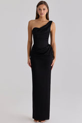 Caprice Black Satin One Shoulder Maxi Dress