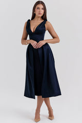 Paloma Midnight Twist Strap Satin Midi Dress