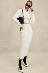 Maeve White Ribbed Knit Cargo Skirt