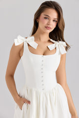 Lillia White Stretch Cotton Bow Midi Dress