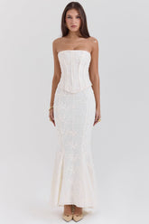 Veronica Vintage Ivory Embroidered Godet Maxi Skirt