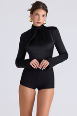 Neneh Black Satin High Neck Long Sleeve Bodysuit