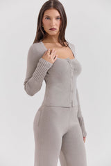 Aspen Grey Cashmere Ribbed Cuff Cardigan