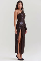 Octavia Cocoa Vegan Leather Maxi Dress
