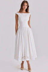 Lauren White Cotton Broderie Anglaise Boat Neck Maxi Dress