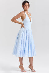 Arietta Bluebell Floral Jacquard Halter Midi Dress