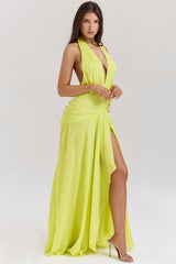Olessia Acid Lime Backless Halter Maxi Dress
