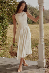 Scarlett White Cotton Lace Trim Waist Cinch Midi Dress
