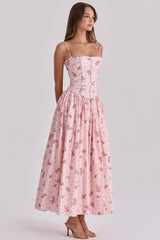 Ysabella Pink Vintage Rose Print Cotton Midi Sundress