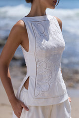 Valencia White Cotton Placement Lace Broderie Anglais Boat Neck Top