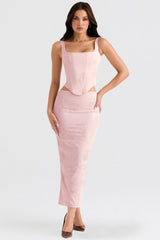 Luisette Pink Metallic Floral Satin Midi Skirt