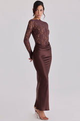 Yasmeen Espresso Brown Lace + Satin Draped Maxi Dress