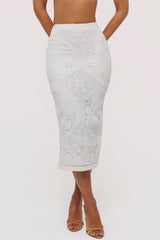 Cecilia White Cotton Placement Lace Broderie Anglaise Midi Skirt