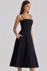 Dolly Black Cotton Flared Midi Sundress