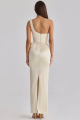 Caprice Lemon One Shoulder Satin Maxi Dress